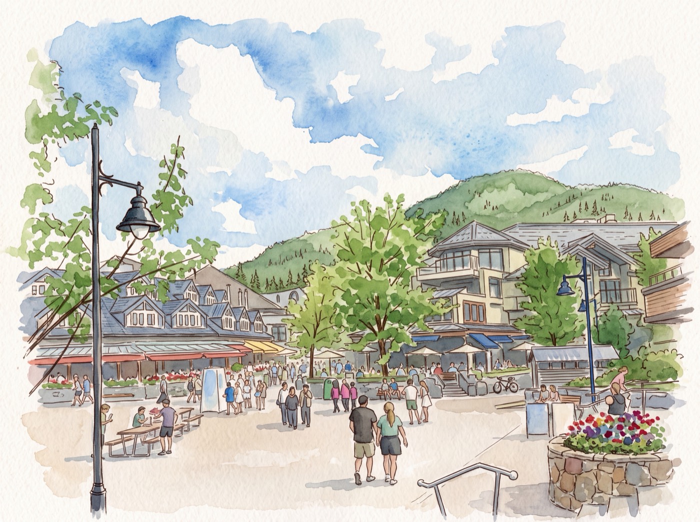 Watercolour illustration of Whistler Village square on a summer evening, with people strolling beneath the mountain