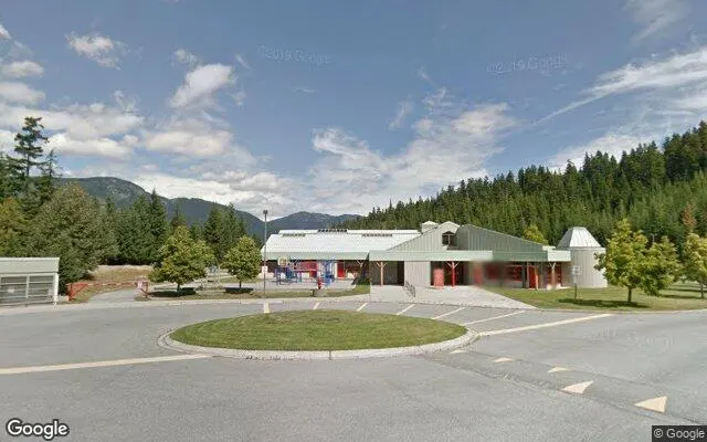 Myrtle Philip Community School from the road, with the main entrance under the green roof
